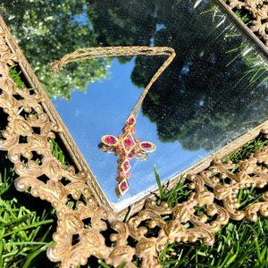 Vintage Large Gold and Pink Cross Necklace